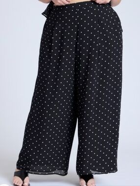 Eloquii Polka Dot Chiffin Wide Leg Pull-on Pants Black White High Rise Pockets